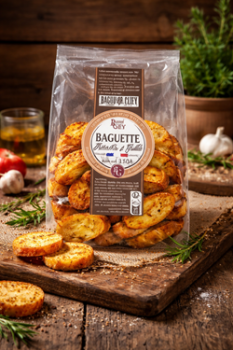 Knusprige Baguettescheiben auf Holzbrett